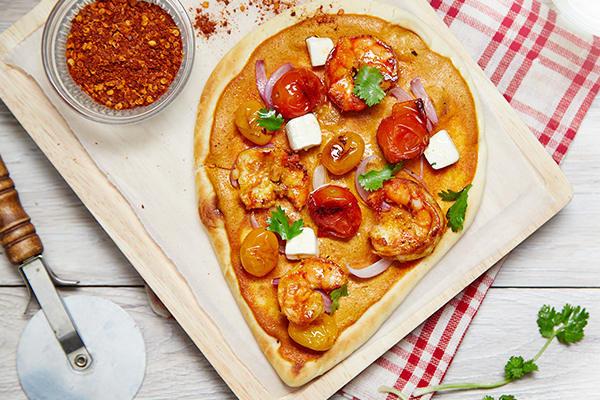 Curry Prawn Naan Pizza
